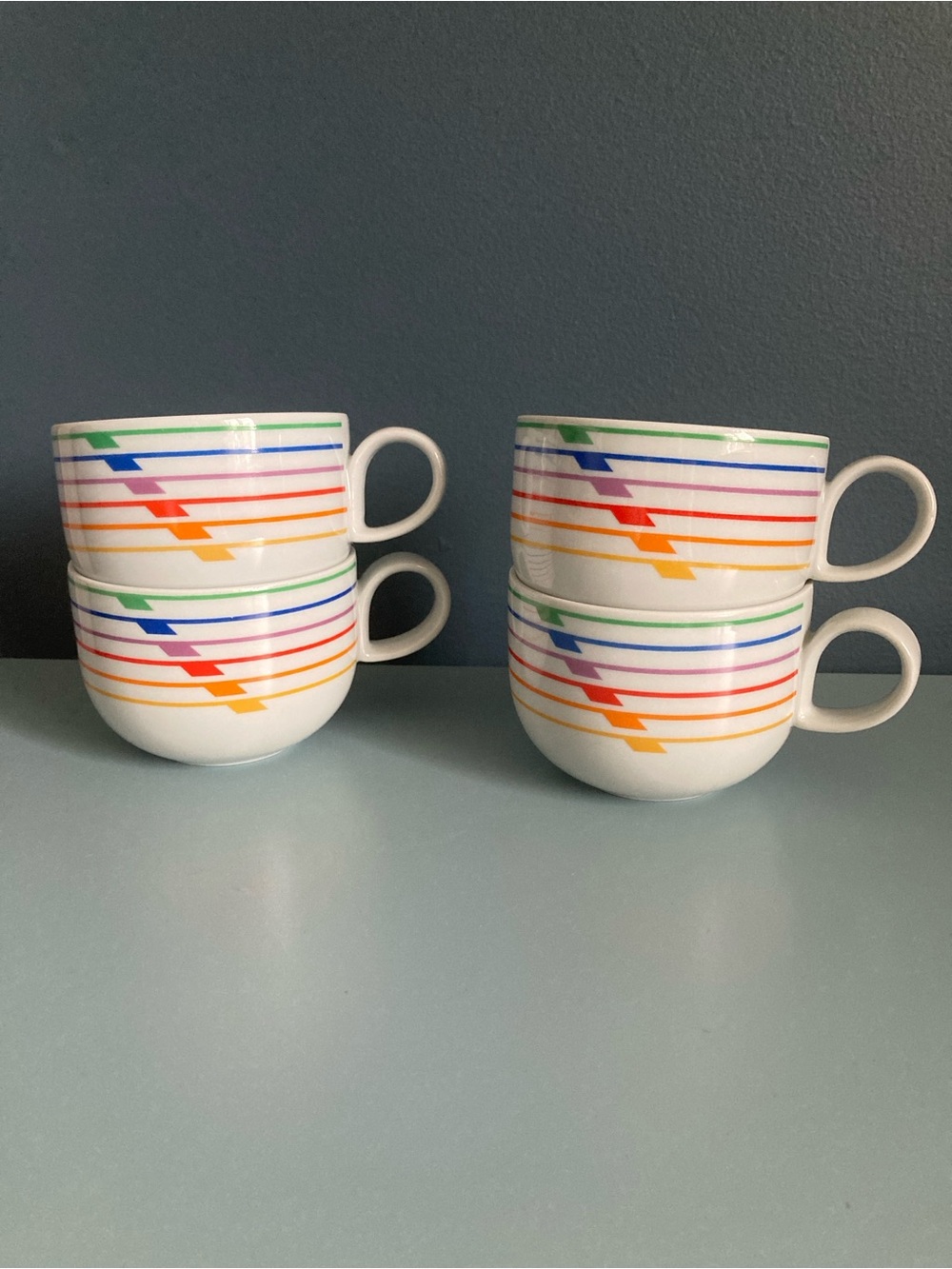 Block Sextet Vintage Vista Alegre Harmony White Rainbow Stripe Mugs Set of 4